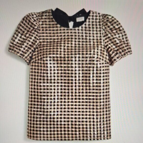 J Crew Factory Metallic Gingham Puff-Sleeve Top - Picture 1 of 3